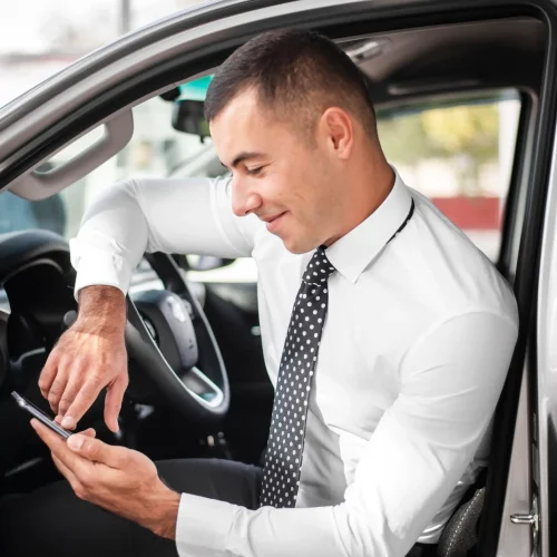 front view male checking phone mock up