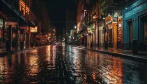 la calle iluminada de la ciudad se refleja en el agua humeda del canal generada por ia