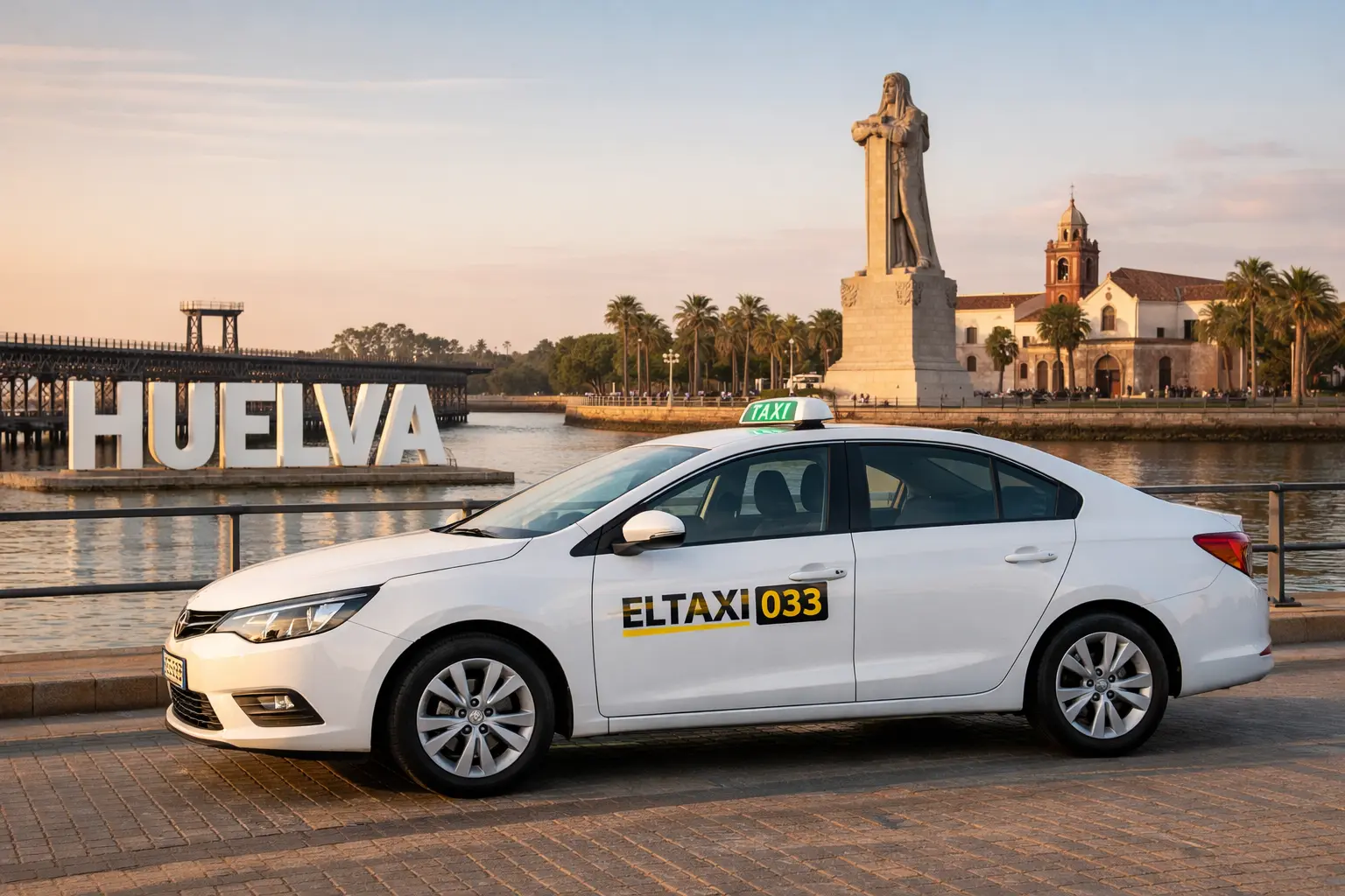 Taxi frente a Huelva en atardecer