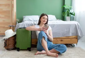 mujer de tiro completo en el piso con equipaje
