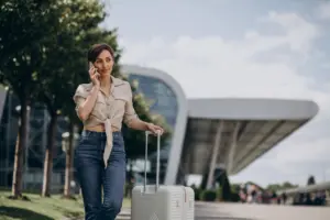 mujer viajando con equipaje en el aeropuerto y hablando por telefono