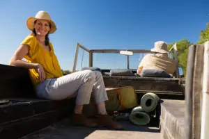 mujer con hombre relajante en vehiculo