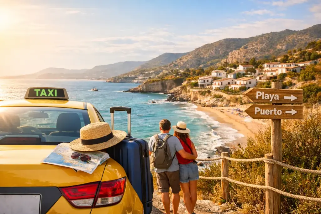 Taxi y vista costera al atardecer