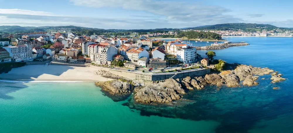 aerial view of an empty beach in portonovo in the ria pontevedra spain