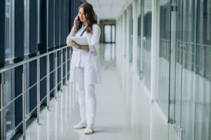 joven doctora con estetoscopio en el hospital