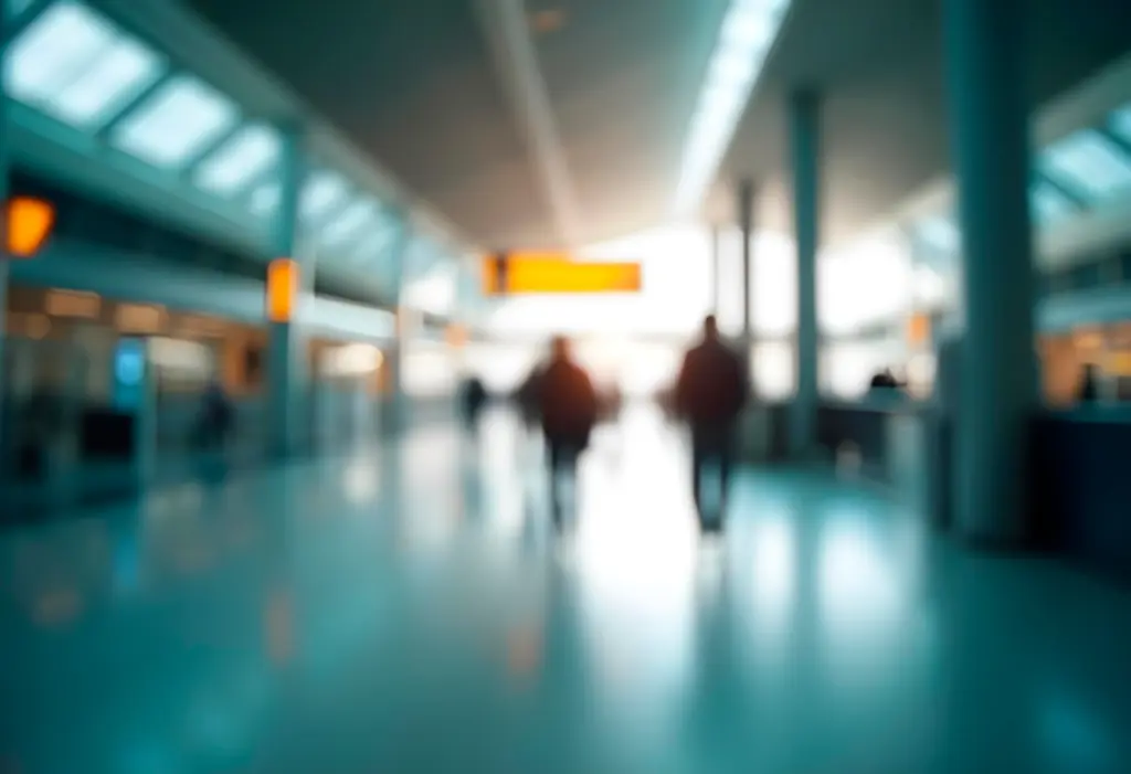 airport interior with silhouetted people