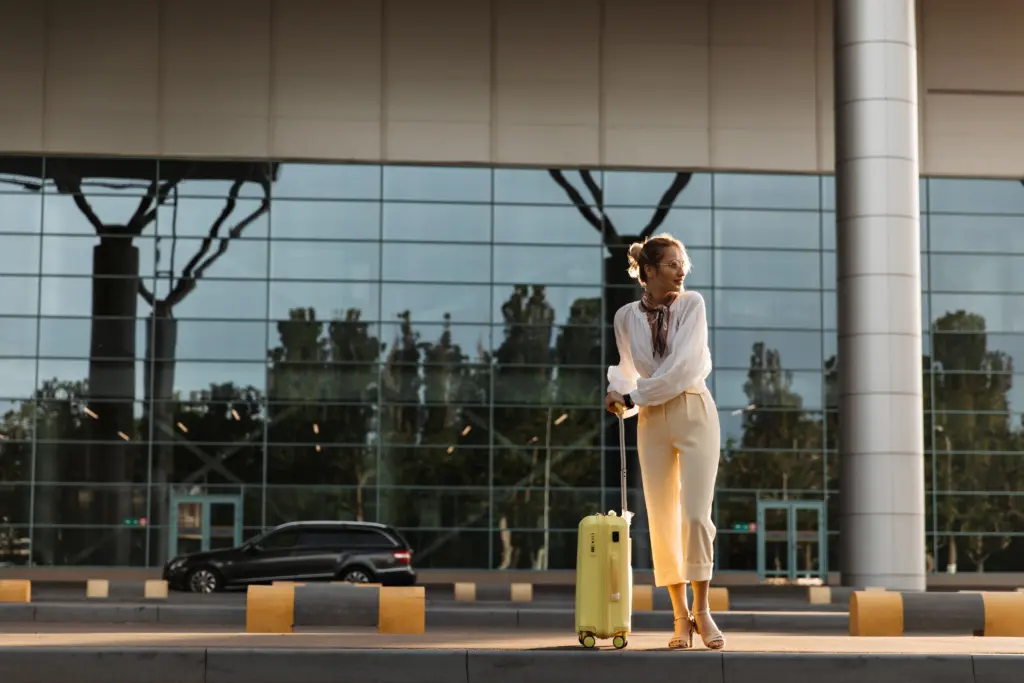 charming blonde woman white blouse beige pants eyeglasses moves near airport