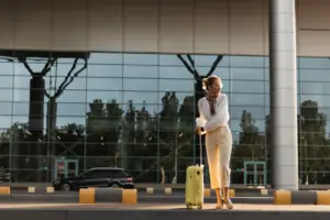 charming blonde woman white blouse beige pants eyeglasses moves near airport