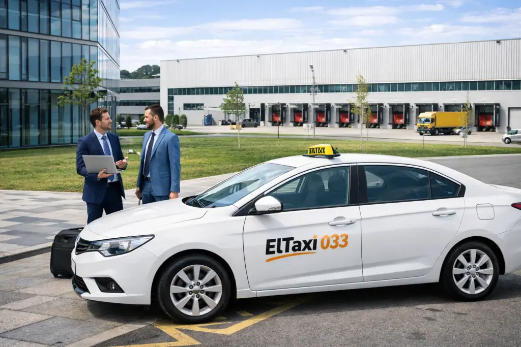 Taxi y negocios en el parque empresarial.webp