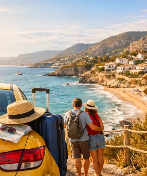 Taxi y vista costera al atardecer.webp
