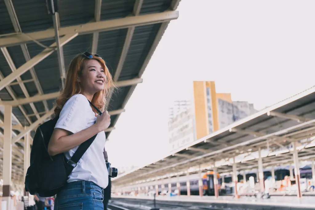 charming woman laughing railway roa